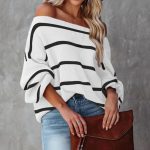 Trending fashion women off shoulder knitwear striped jumper mujer pullover elegant fall winter sweaters