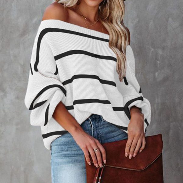 Trending fashion women off shoulder knitwear striped jumper mujer pullover elegant fall winter sweaters