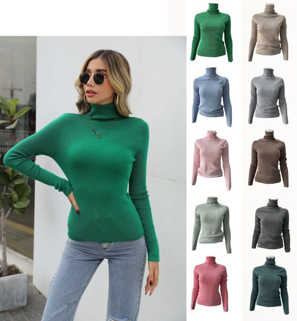 Spring autumn solid color long sleeve turtleneck elegant pullover slim fit women basic sweater
