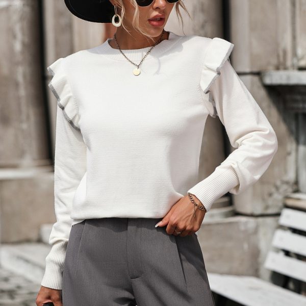 High quality ruffled jersey knitwear loose solid color crew-neck pullover fashion sweater for women