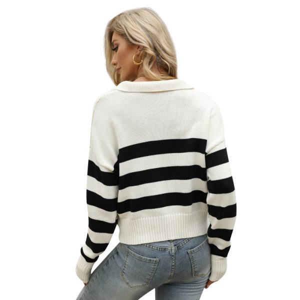 turn down collar knitwear pullover women elegant short cropped striped knit sweaters