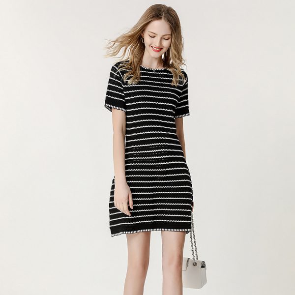 women round neck short sleeve pullover knitwear slim fit Striped elegant A-line knitted dress