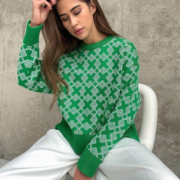 round neck jacquard knitwear women short plaid loose jumper color blocking sweaters