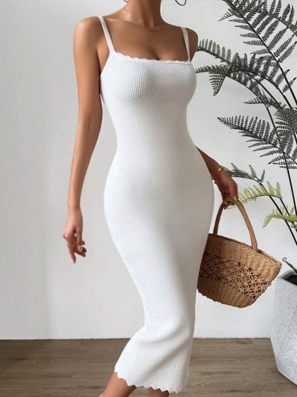Trending fashion solid color casual knitwear sleeveless elegant slim fit sexy maxi spaghetti strap knit dress for women