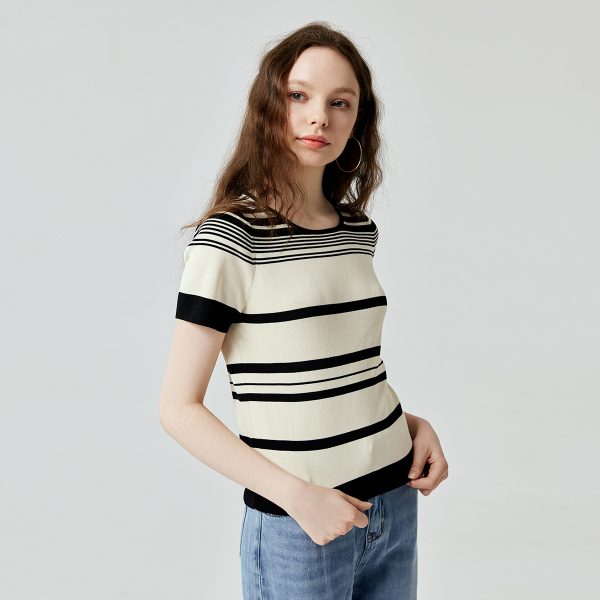 High quality casual color blocking thin knitwear striped jumper mujer short sleeve o-neck summer knitted sweaters