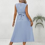 New Arrivals 2026 Summer Women's Solid Color Round Neck Pleated Dress with Waist-Tie Design