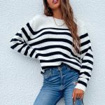 Hot sales round neck pullover casual jumpers mujer long sleeve fall winter loose striped sweaters for women