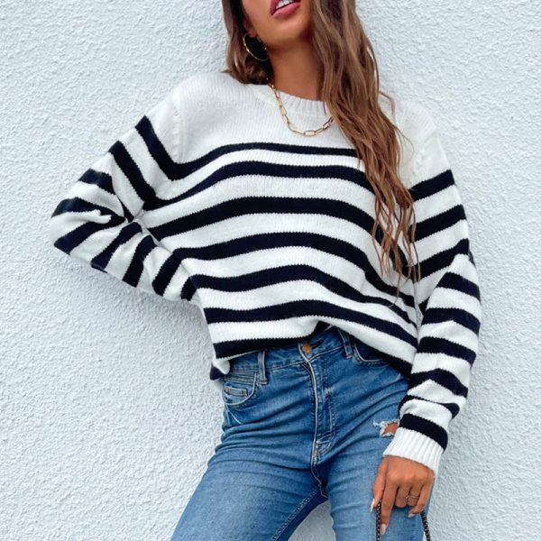 Hot sales round neck pullover casual jumpers mujer long sleeve fall winter loose striped sweaters for women