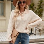New style fashion turn down collar knitwear lantern sleeve jumper mujer pullover elegant striped sweaters women
