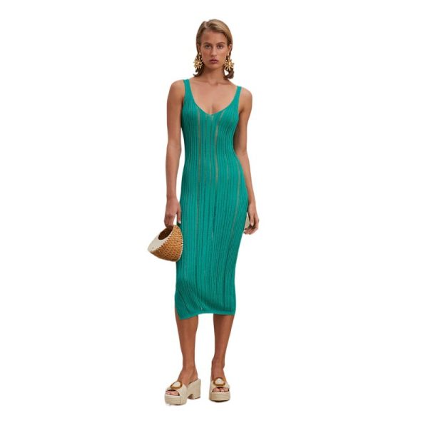 2026 Women clothing V neck knitted sexy hollow out one piece temperament slim waist side slit midi dress
