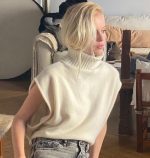 Autumn Winter rolled collar sweaters pure color oversize knit vest sleeveless thicken jumpers women 2026