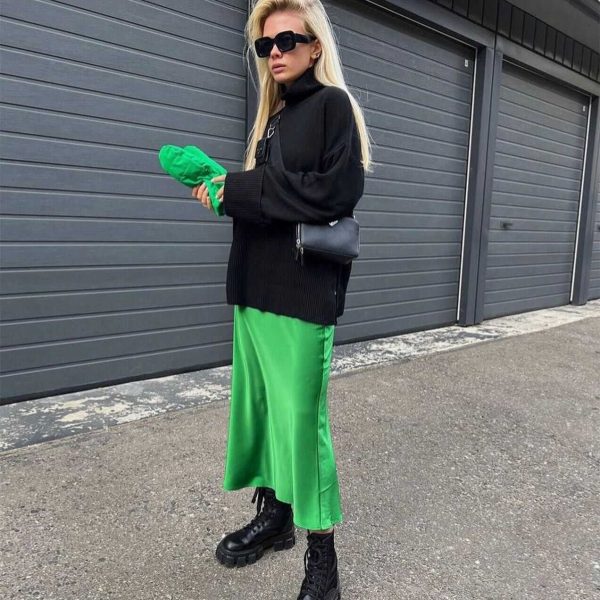 hot selling high neck solid color pullover knitwear women long oversize knit split casual sweaters