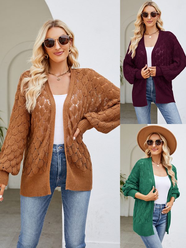 2026 new arrivals loose lazy style long sweater coat women fashion pure color design sense hollow out knitted cardigan