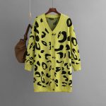 Knitwear deep v neck leopard pattern sweaters coat oversize lengthen women jacquard cardigans