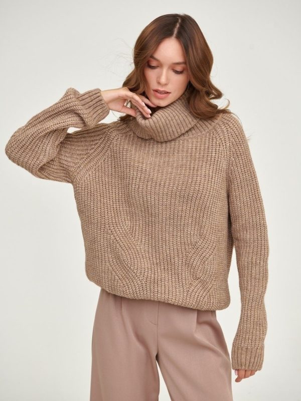 New arrivals rolled collar knitwear lantern sleeve knitted pure color tops oversize pullover casual sweaters women