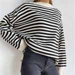 dropped shoulder jumpers crew neck oversize striped elegant pullover sweaters women