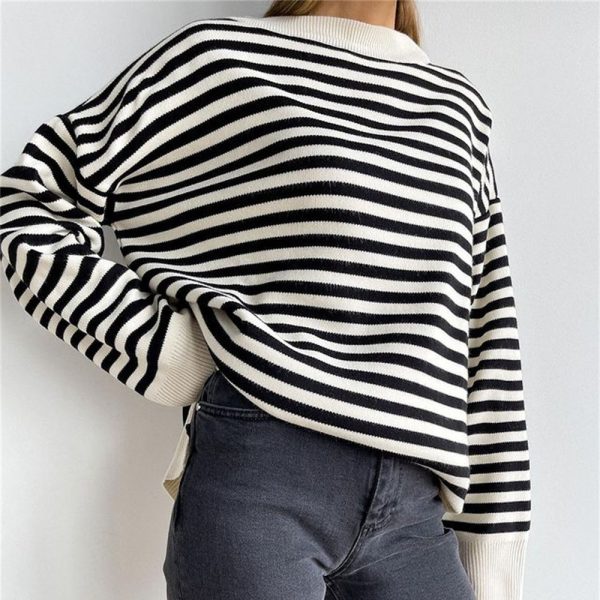 dropped shoulder jumpers crew neck oversize striped elegant pullover sweaters women