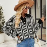 New style fashion turn down collar knitwear lantern sleeve jumper mujer pullover elegant striped sweaters women