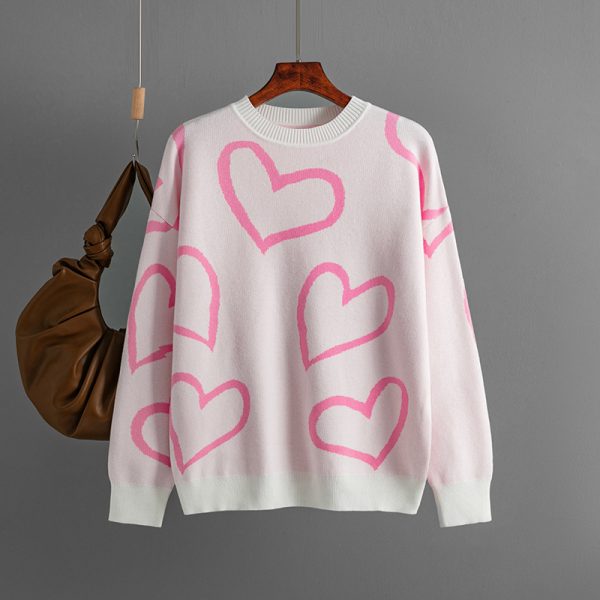 Hot selling Casual Valentine's Day Long Sleeve Knitwear Color Blocking Knitted Loose Heart Pullover Women Sweater