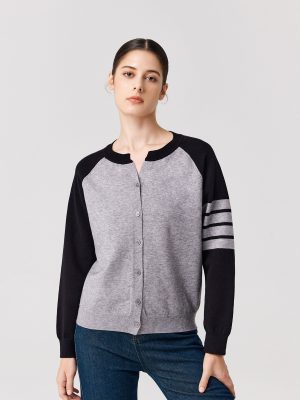 Knitwear round neck Four stripes sweaters coat oversize women casual single-breasted cardigans