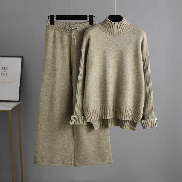Trending Fashion rolled neck sweaters wide leg pants 2 piece set women knitted winter autumn casual streetwear