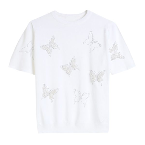 New Arrivals casual crew neck butterfly jumpers women Hot drill short sleeve pullover sweaters