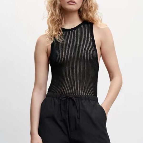 Spring Summer Sleeveless round neck thin slim fit Rib knitwear Casual striped hollow out breathable wool vest