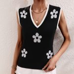 Hot sales flower print v neck women knitwear color blocking elegant v neck knitted sleeveless sweater