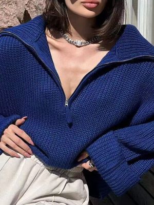 New arrivals winter fall solid color knitwear turn down collar half zipper knitted sweater tops for women