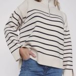 New arrivals autumn winter casual thicken knitwear Half zipper turtleneck loose striped knitted sweater for women