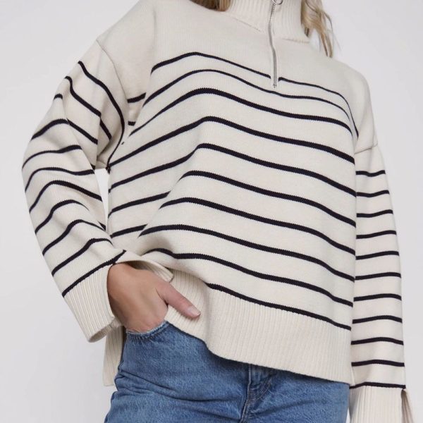 New arrivals autumn winter casual thicken knitwear Half zipper turtleneck loose striped knitted sweater for women