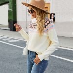 Fall Winter new style vintage jacquard color blocking knitted jumper Elegant loose pullover sweater