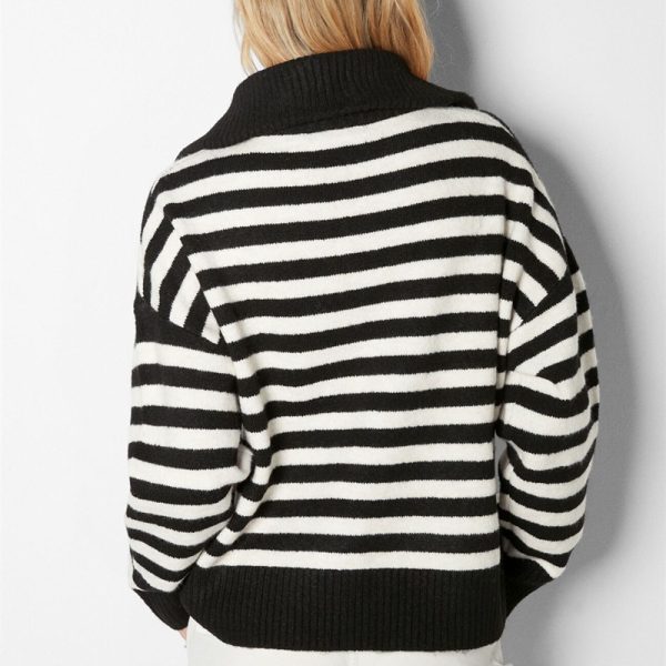 Autumn winter soft loose lazy stylish lapel collar half zipper high neck thick striped women's sweater