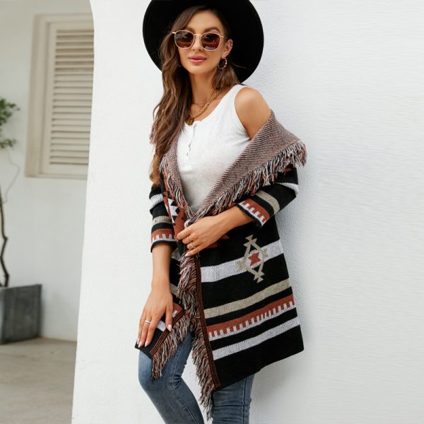 fashion women sweaters hooded knitted tassel cardigan jacquard sweater