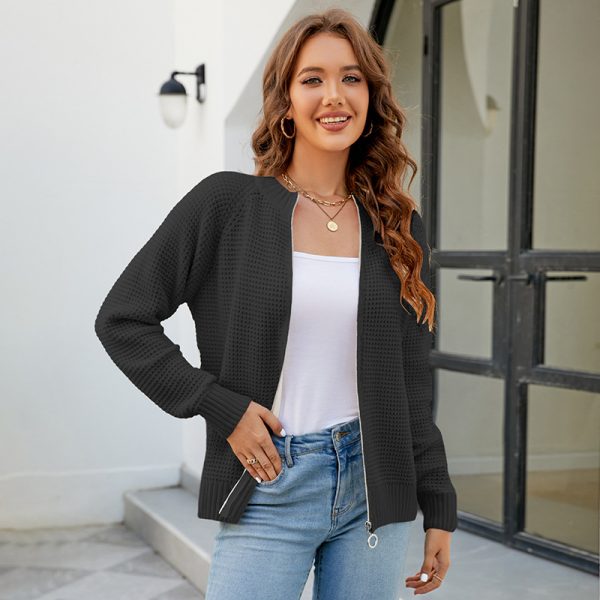 solid color full zipper women knitwear zip-up crew neck cardigans sweaters