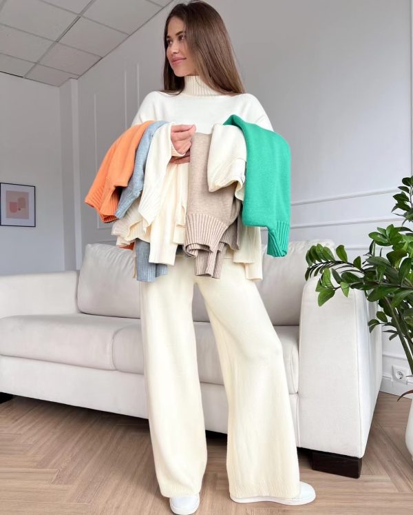 clothing color blocking conjuntos para mujeres turtleneck sweater wide leg pants 2 piece set women loungewear