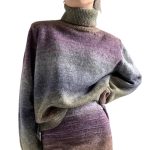 New design stylish wool knitted knitwear high neck loose lazy gradient purple elegant women sweaters