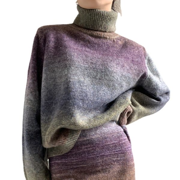New design stylish wool knitted knitwear high neck loose lazy gradient purple elegant women sweaters