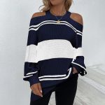 Hot selling round neck hollow out halter sweaters pullover color blocking casual striped jumpers mujer