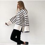 high neck striped loose knitwear women elegant side split contrast color sweaters for women