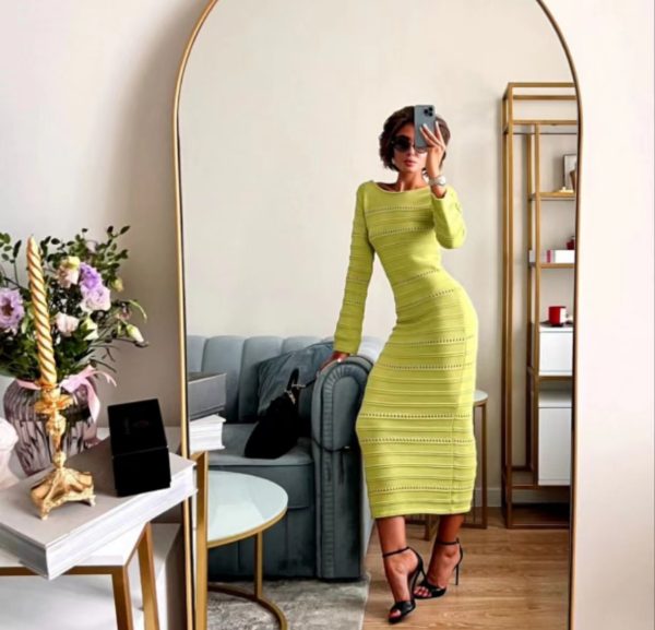 Knitwear winter long sleeve slim fit irregular design casual maxi hollow out knit dress women