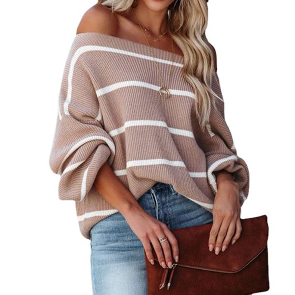 Trending fashion women off shoulder knitwear striped jumper mujer pullover elegant fall winter sweaters