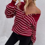 Hot selling crew neck long sleeve jumpers pullover casual single-breasted elegant striped sweaters for women
