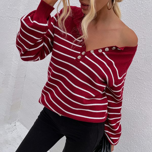 Hot selling crew neck long sleeve jumpers pullover casual single-breasted elegant striped sweaters for women