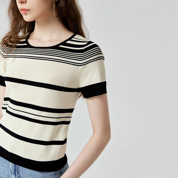 High quality casual color blocking thin knitwear striped jumper mujer short sleeve o-neck summer knitted sweaters