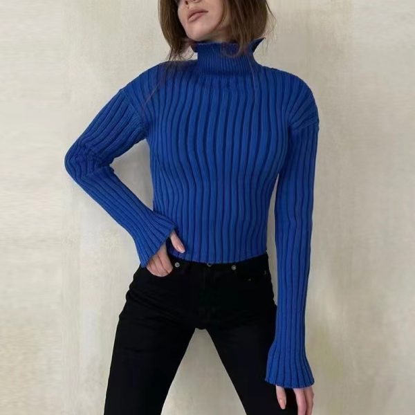 Autumn winter solid color basic jumpers Turtleneck slim fit cropped short knitwear women chunky needles sweater