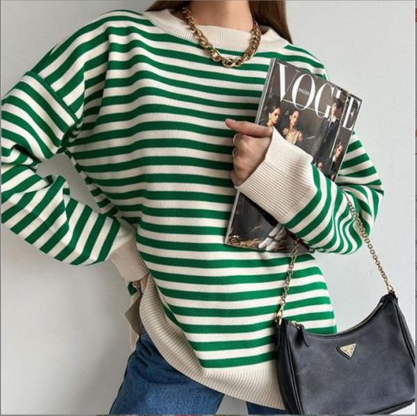 dropped shoulder jumpers crew neck oversize striped elegant pullover sweaters women