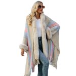 Hooded shawl women cappa autumn winter fur collar sweaters coats striped knitted fringe cape