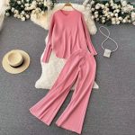 Hot selling pure color women loungewear elegant pullover loose knitted wide leg pants 2 piece set women
