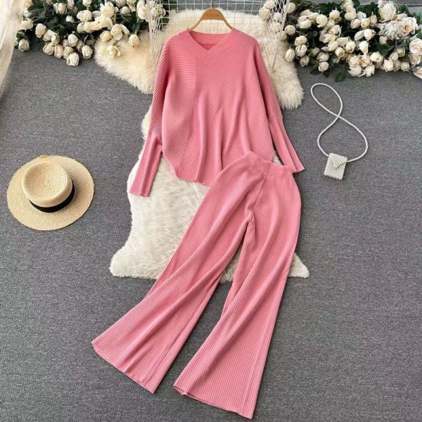 Hot selling pure color women loungewear elegant pullover loose knitted wide leg pants 2 piece set women